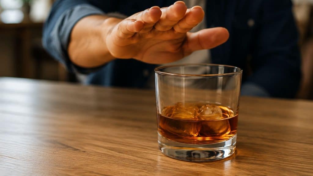 A glass of whiskey with ice on a wooden table while a person raises an open hand, representing alcohol refusal, moderation, and mindful drinking.