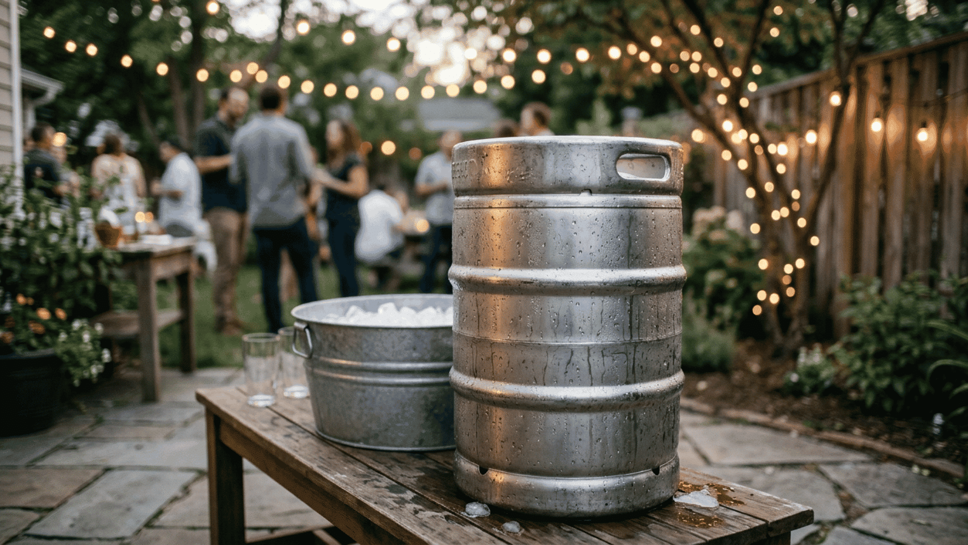 a full-size stainless steel half-barrel keg in an ice tub beside a wooden table at an outdoor party setting