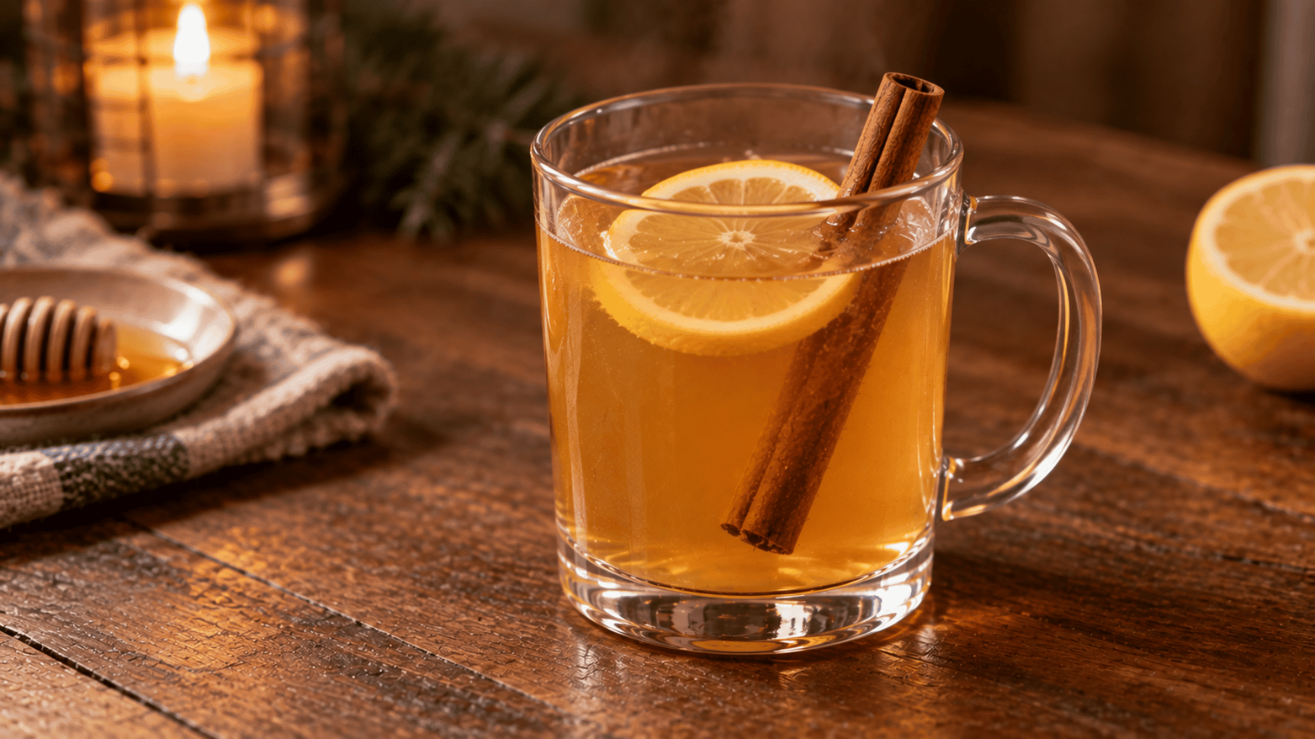 Warm Hot Toddy in a clear mug with a fresh lemon wheel and cinnamon stick garnish