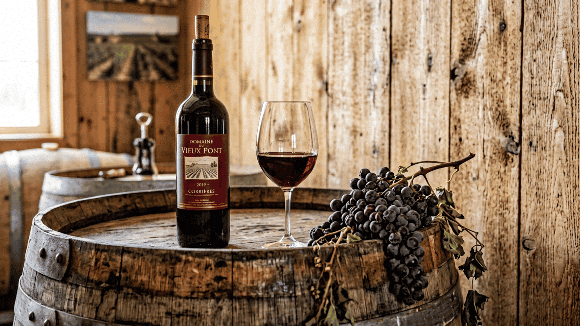red wine glass and bottle on a wooden barrel with dark grapes in a rustic winery setting