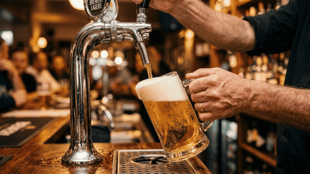 bartender pouring golden beer with foam head from tap into glass mug
