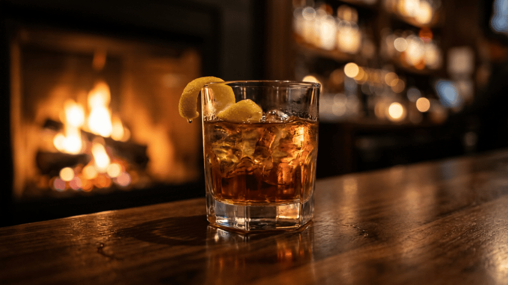 Whiskey cocktail with ice and lemon peel on a wooden bar beside a warm fireplace