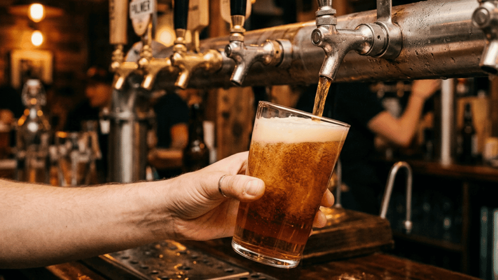 Hand holding a pint glass as amber beer pours from a metal tap inside a warm pub.