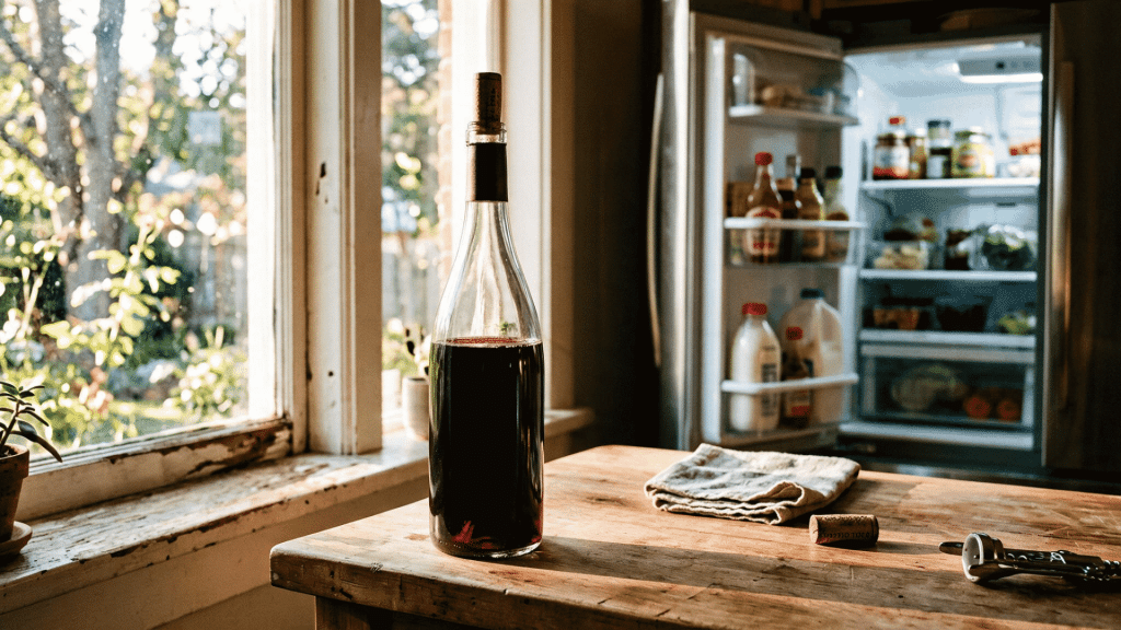 opened red wine bottle on a kitchen table beside an open refrigerator