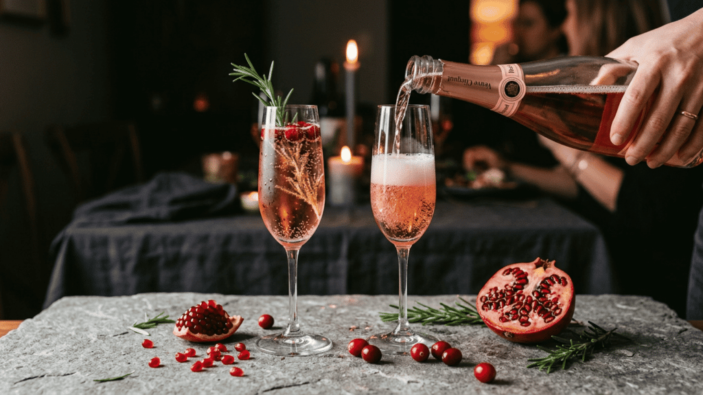 sparkling rosé wine being poured into two glasses with pomegranate and rosemary on a restaurant table