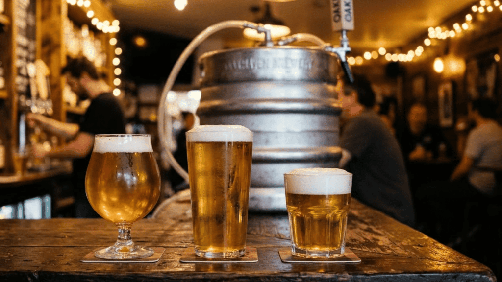 stainless steel pony keg on a bar counter with three beer glasses filled with golden beer in the foreground