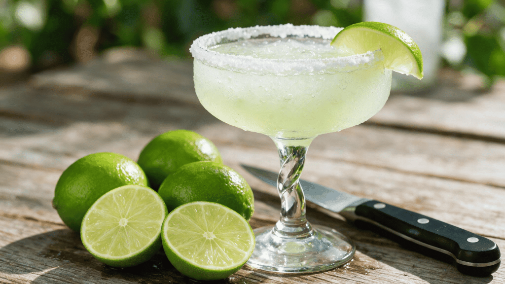 Classic frozen lime margarita with a salted rim beside fresh limes.