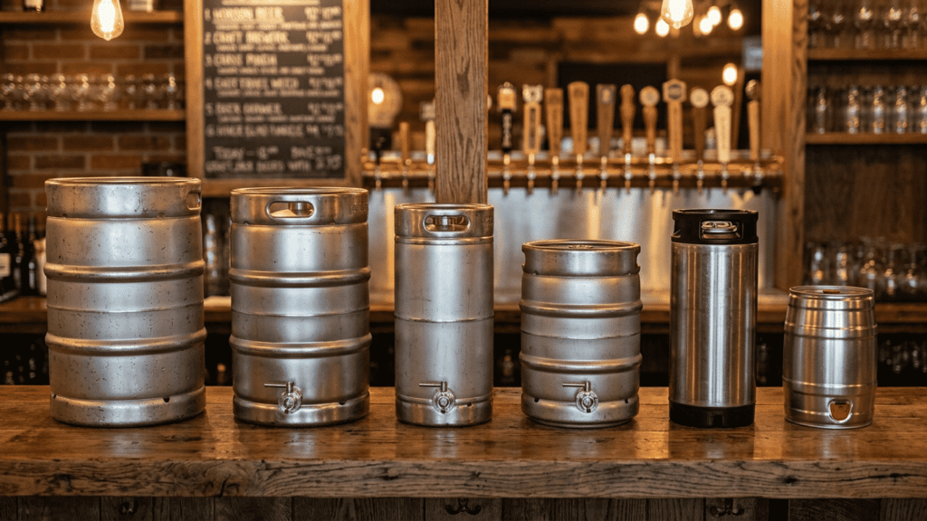 six stainless steel beer kegs in different sizes displayed on a wooden bar top.
