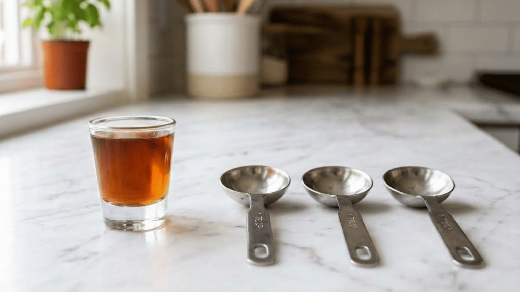 shot glass filled with liquor next to three tablespoons on a marble countertop