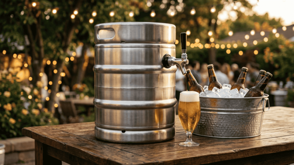 Beer keg with tap, filled beer glass and bottled beers chilling on ice outdoors