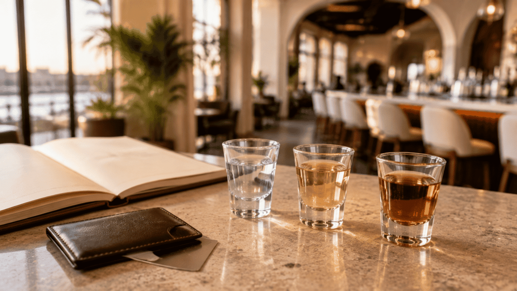Three liquor shots beside a menu and wallet on a bright contemporary restaurant bar counter.