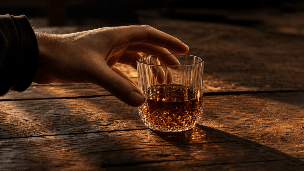 hand reaching for a whiskey glass filled with amber alcohol on a rustic wooden table