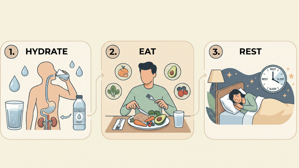 Three-step health infographic showing hydration, eating a balanced meal, and resting to support alcohol recovery.