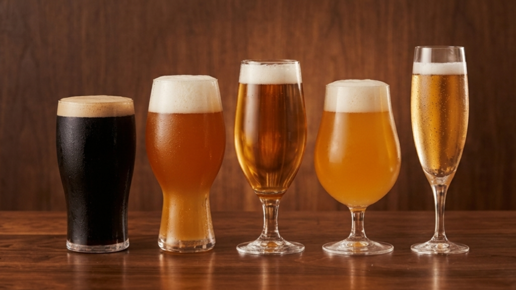 Five beer glasses showing different colors, foam levels, and beer styles on a wooden table