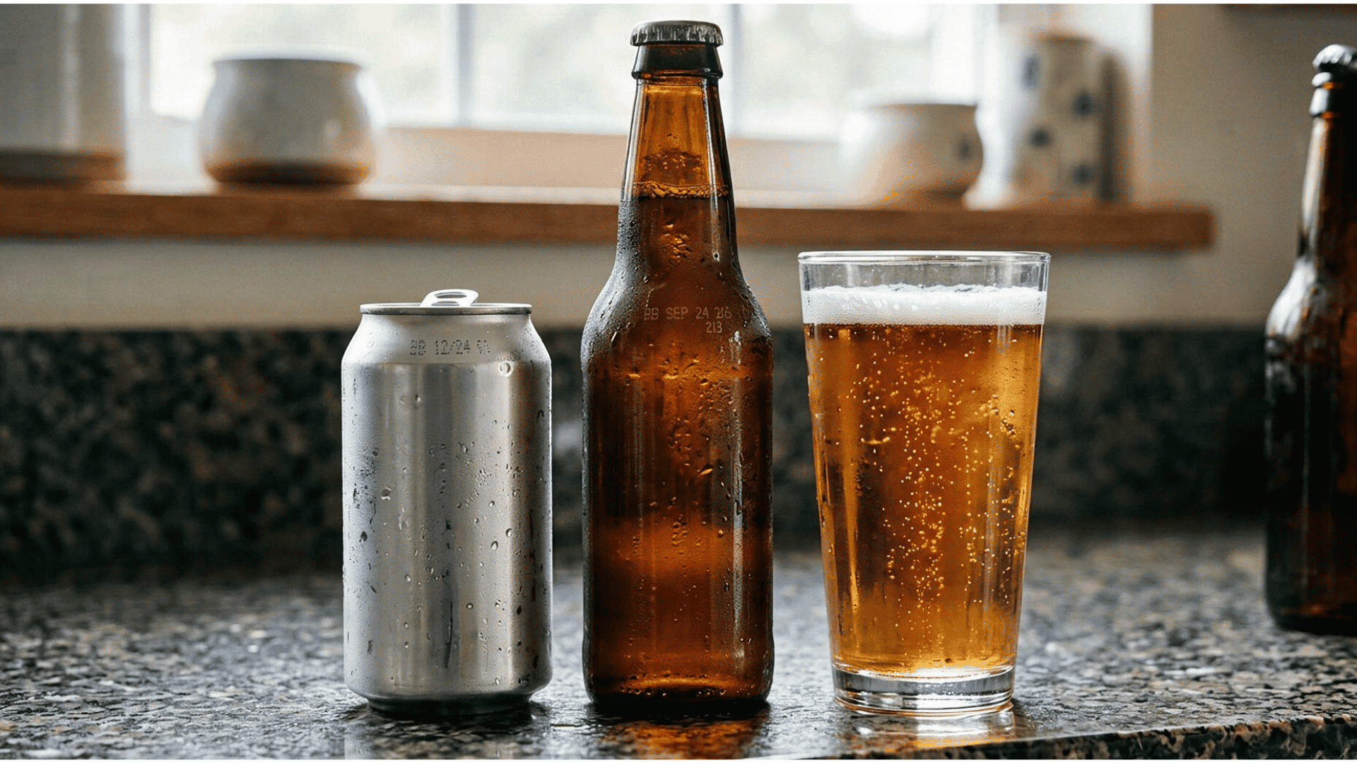 cold beer can, brown bottle, and glass of golden beer displayed on a kitchen counter