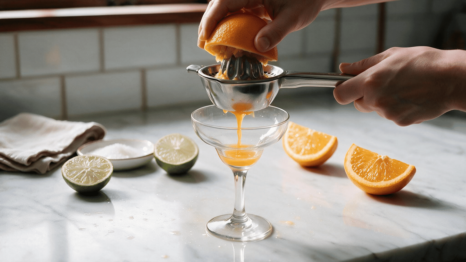Fresh orange squeezed by hand into a margarita glass.