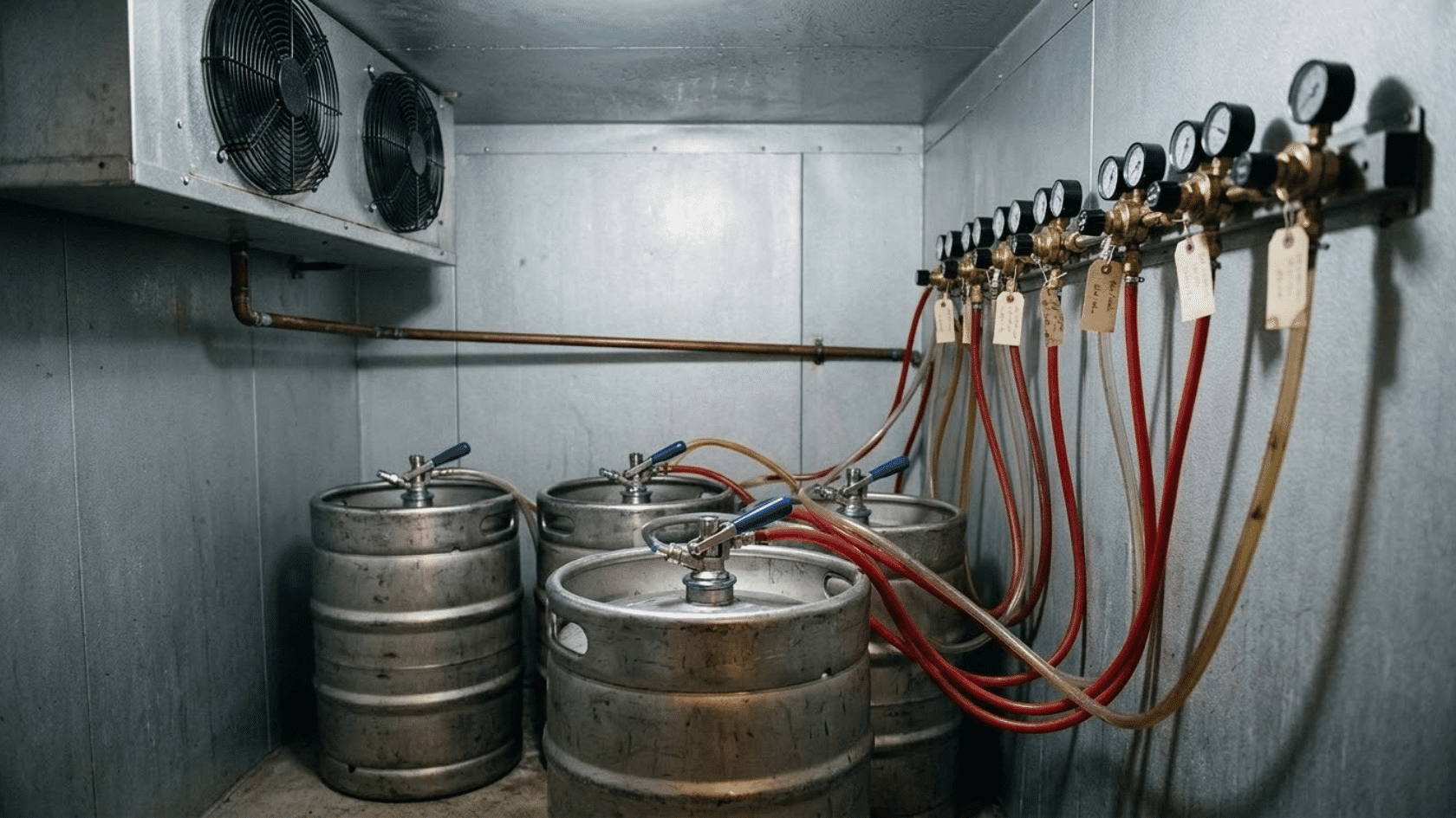 Stainless steel kegs connected to CO2 regulators and beer lines in a walk-in cooler to keep a tapped keg fresh longer