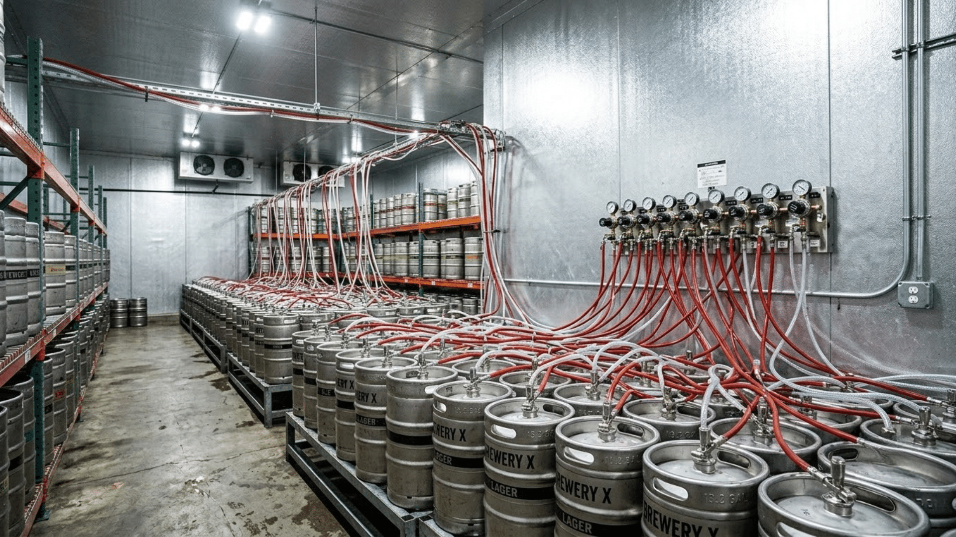 stainless steel kegs connected to co2 gas lines and pressure gauges in cold room