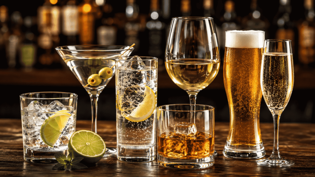 assorted low calorie cocktails, wine, beer, and spirits displayed on a bar counter