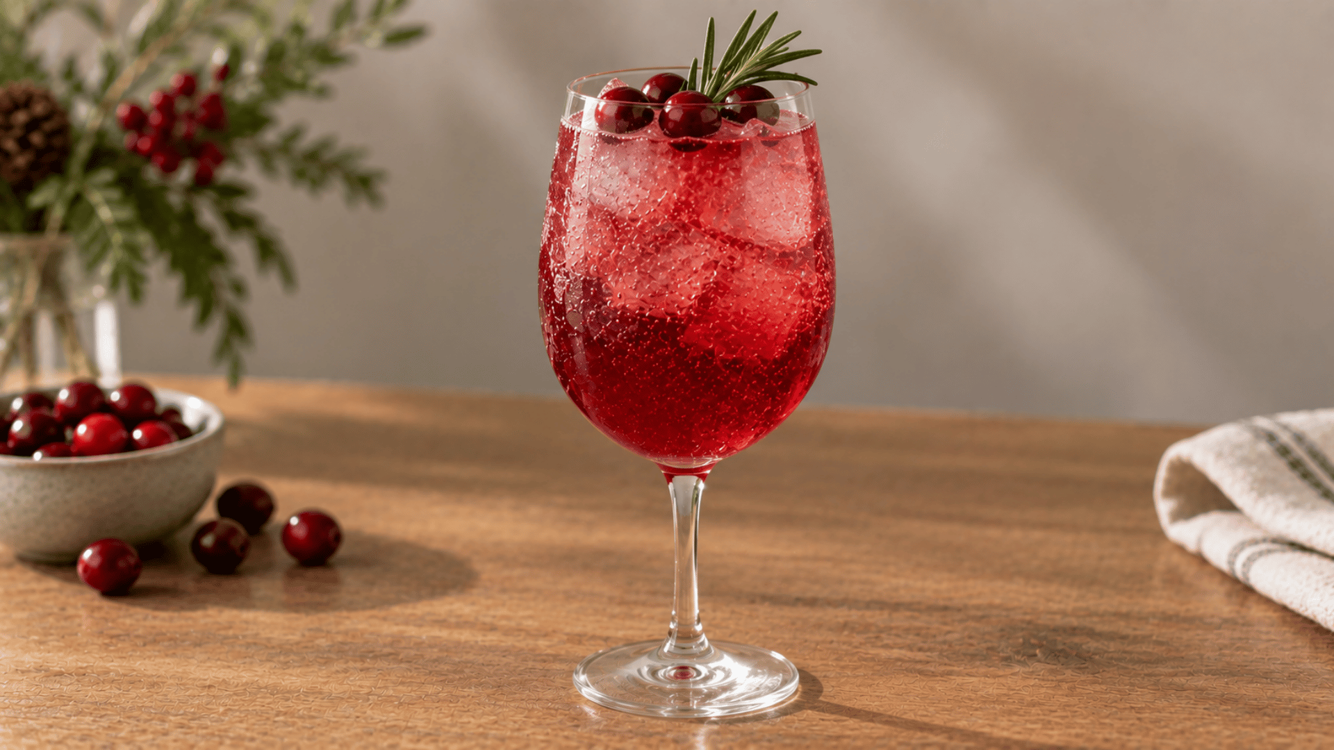 Maple cranberry sparkler over ice with fresh cranberries and a small rosemary sprig garnish