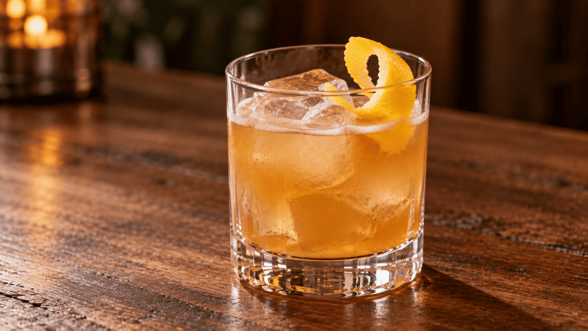 Maple whiskey sour served over ice in a clear glass with a simple fresh lemon peel