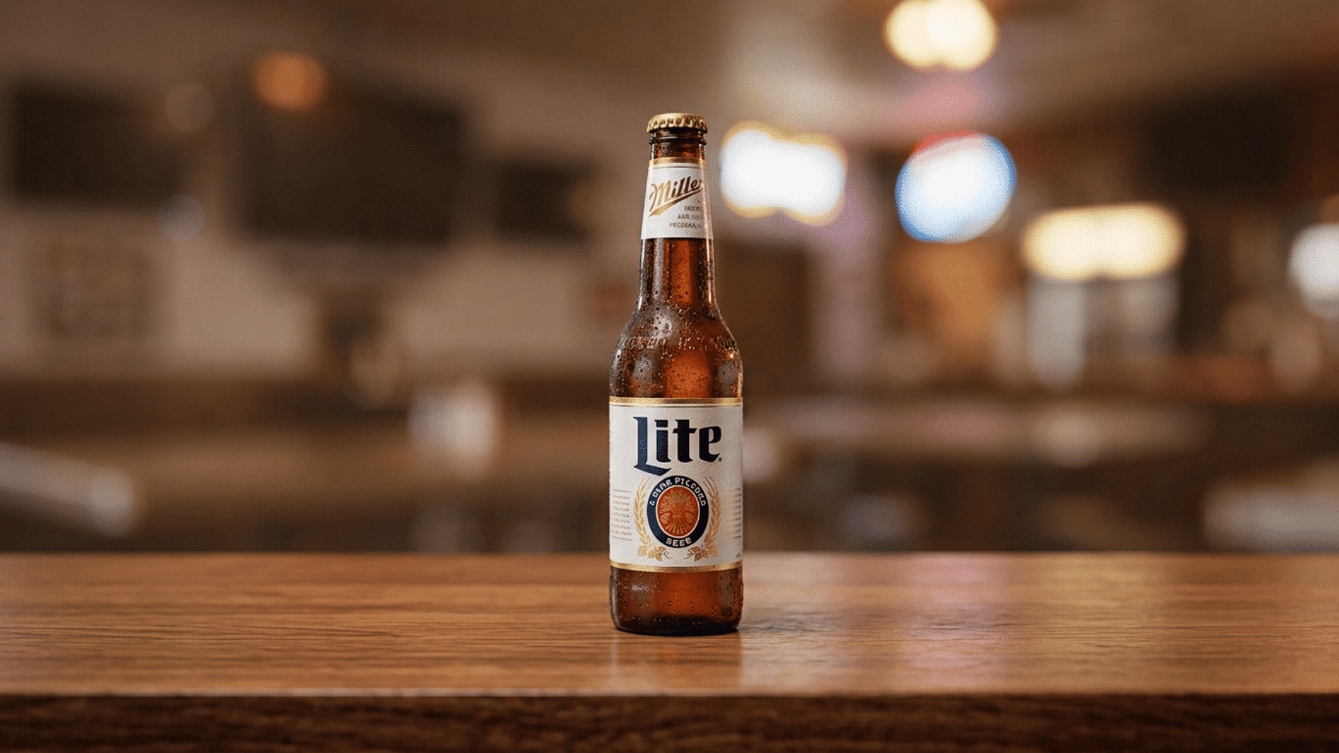 miller lite beer bottle on a wooden counter with a softly blurred bar background