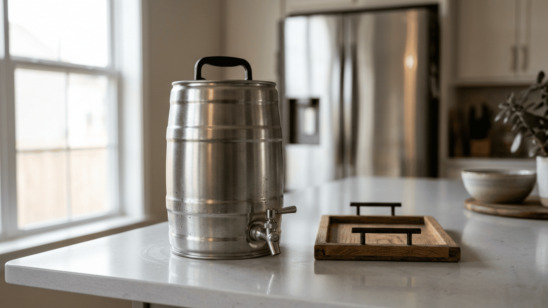 a compact stainless steel mini keg resting on a clean kitchen counter in a softly lit modern home interior