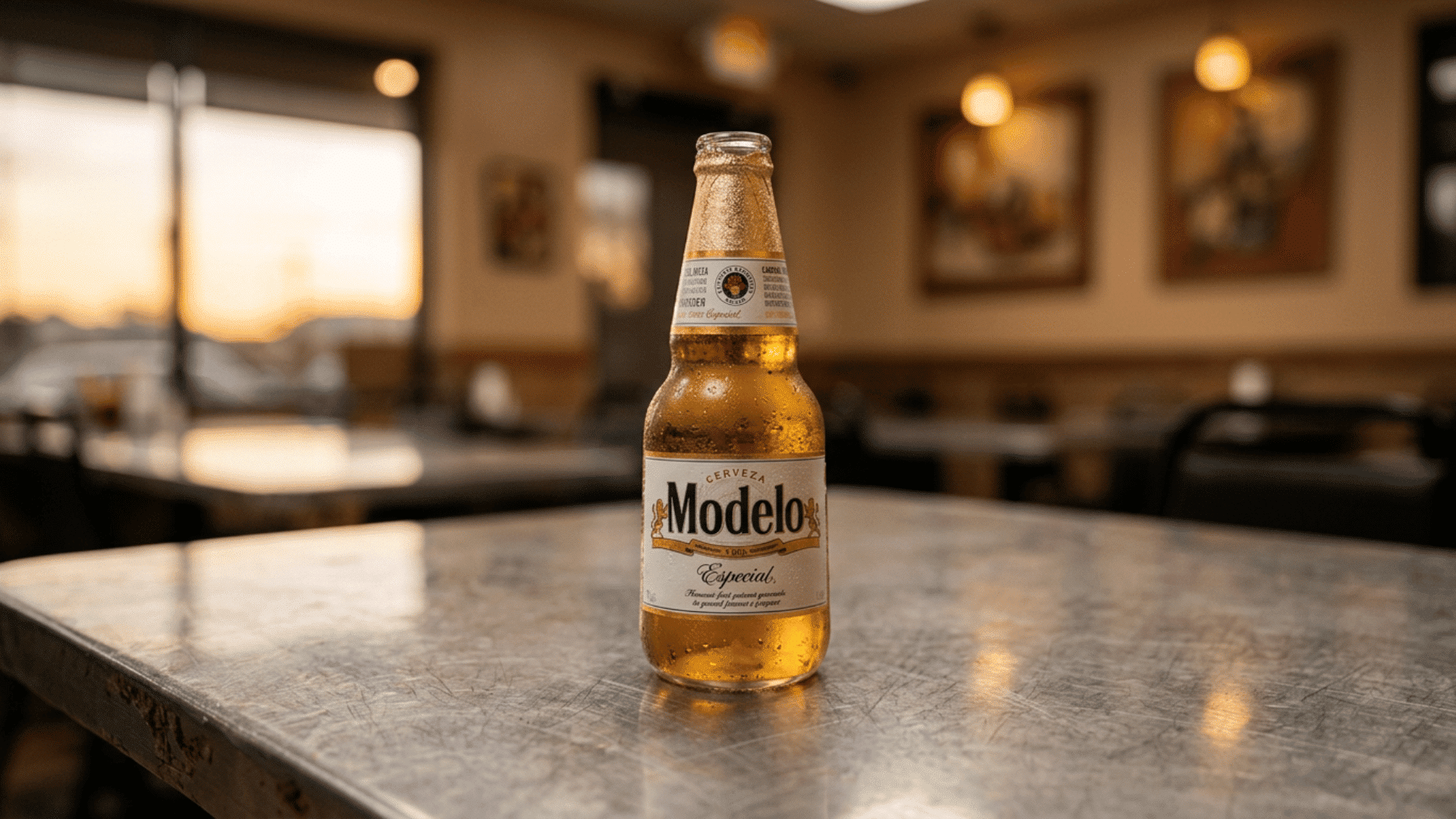 modelo especial beer bottle on a metal table inside a softly lit restaurant
