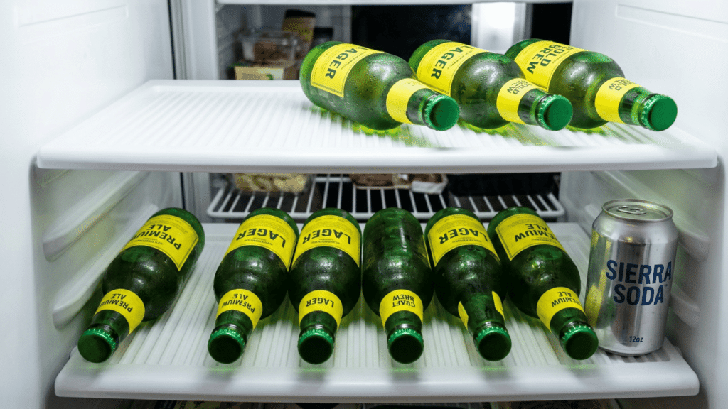 Beer bottles stored inside a refrigerator shelf to keep them fresh and chilled