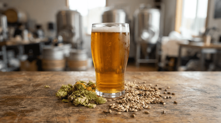 golden pale ale with hop cones and malt grains on a wooden surface