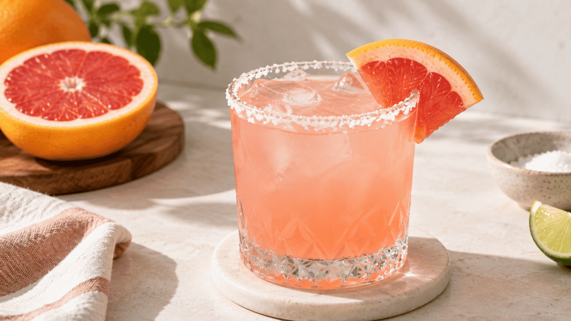 pink paloma cocktail with grapefruit garnish and a salted rim over ice