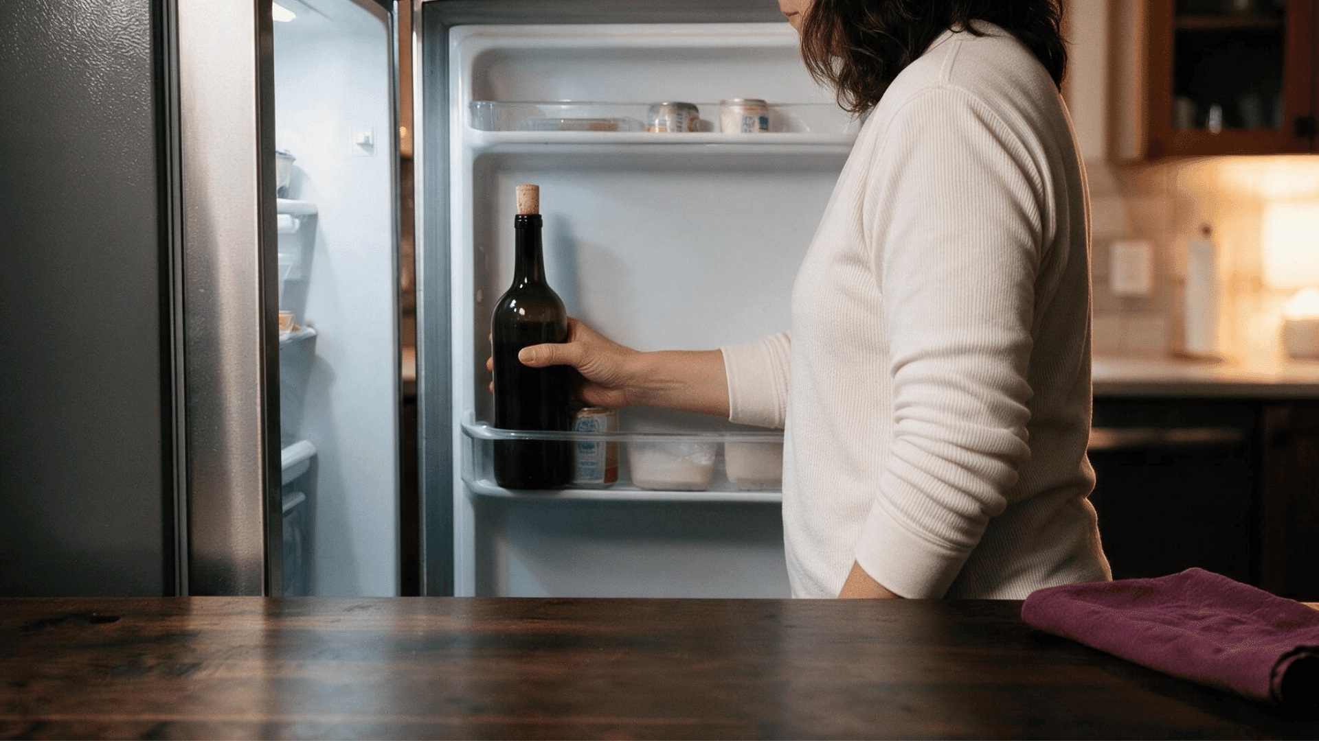 woman placing a sealed red wine bottle upright in a refrigerator