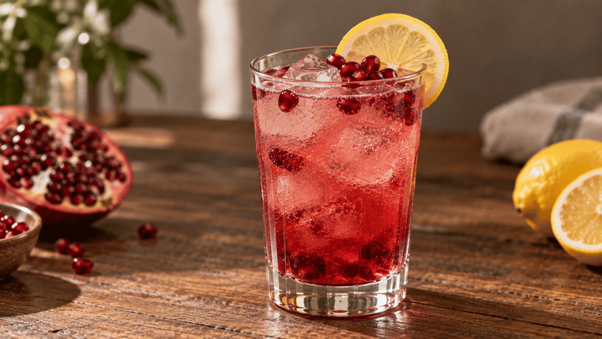 Pomegranate gin fizz over ice with lemon wheel and fresh pomegranate seed garnish