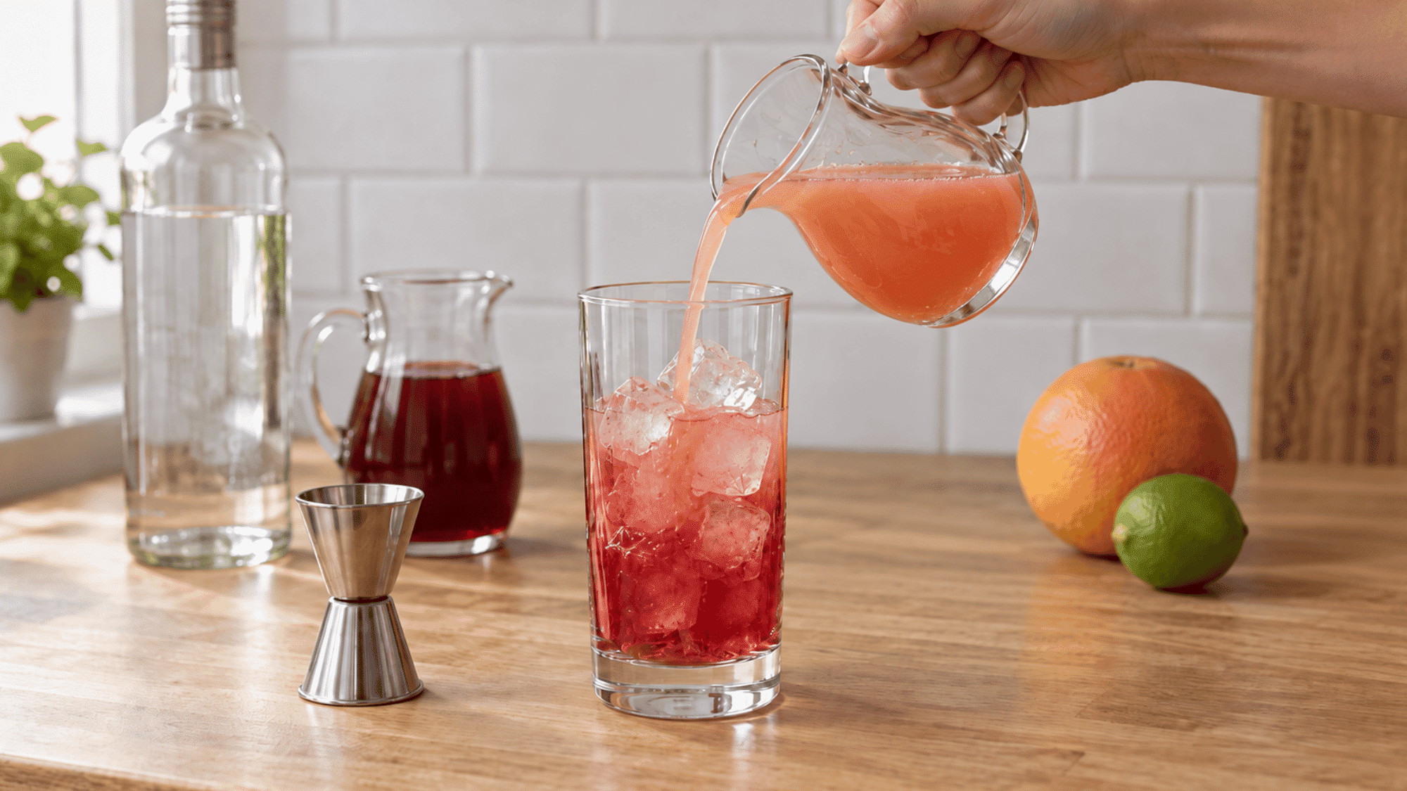 hand pouring grapefruit juice into a cranberry cocktail over ice