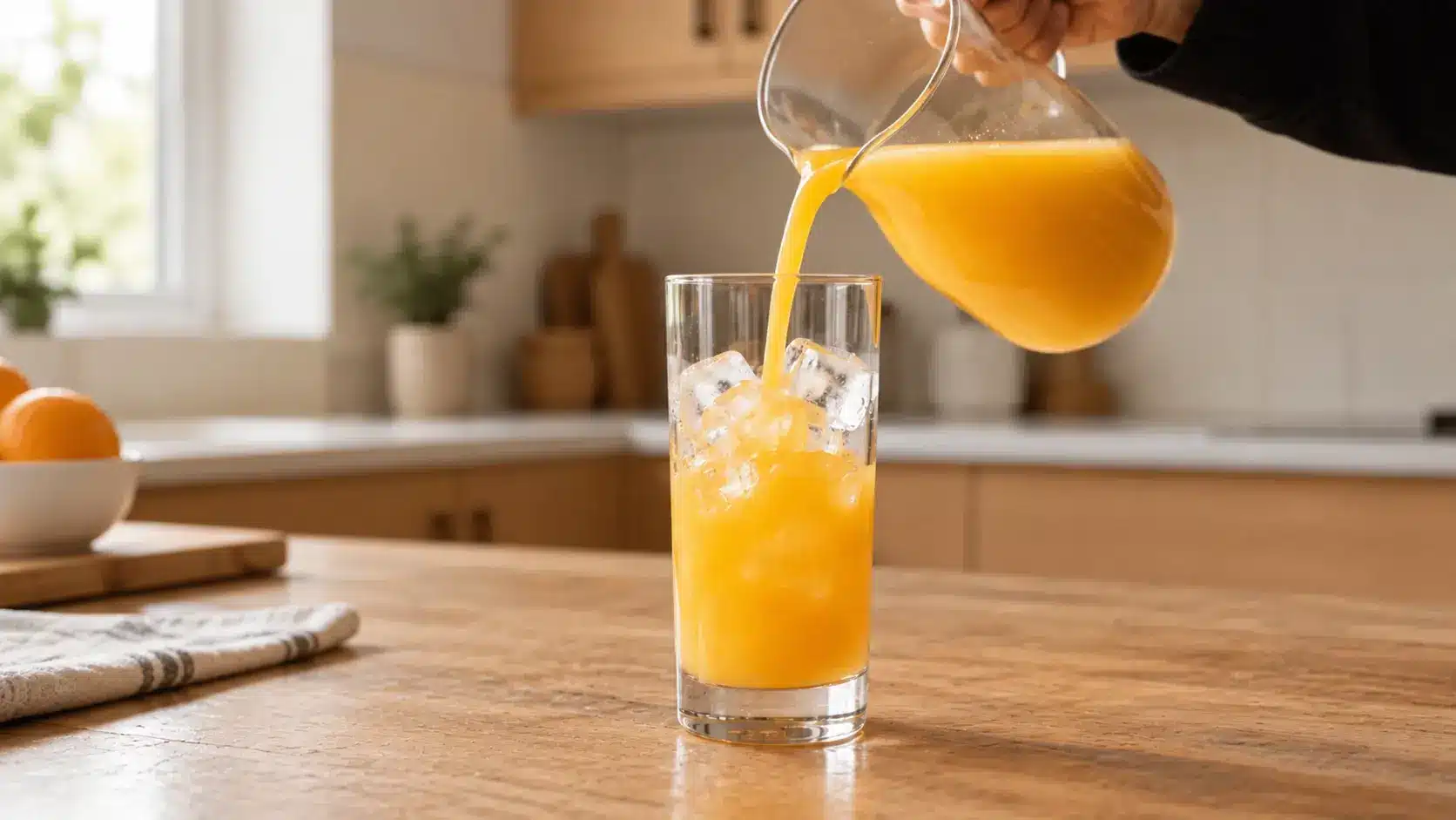 Orange juice being poured into a glass with ice on a kitchen counter