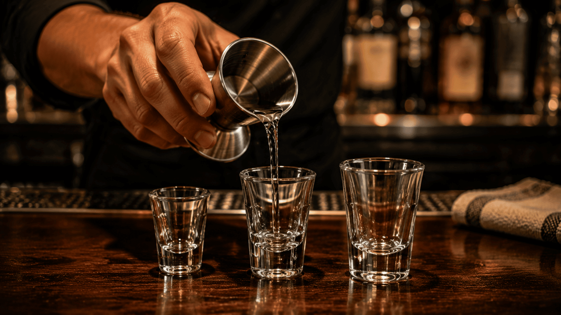 bartender pouring from a jigger into a shot glass beside two different-sized glasses on a dark oak bar