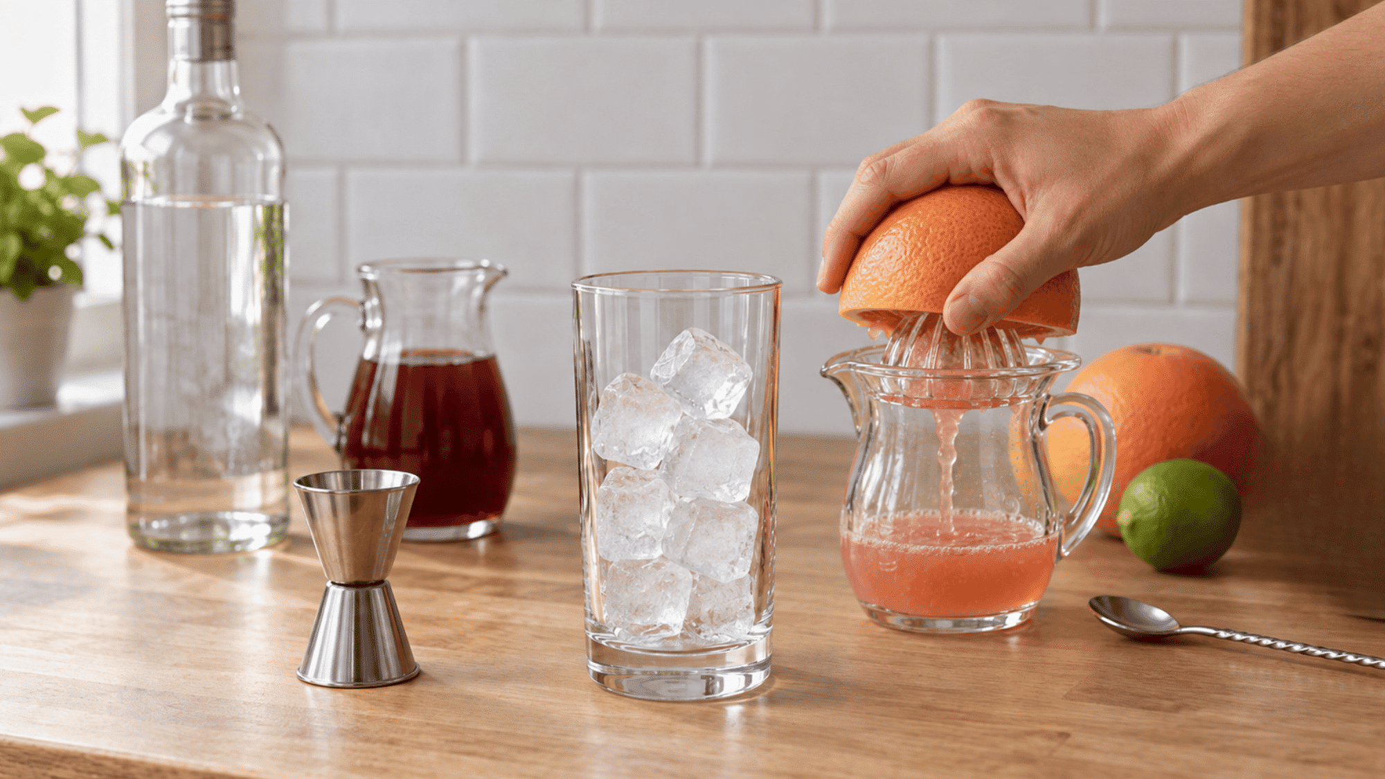 hand pressing grapefruit into a citrus juicer beside an ice-filled highball glass