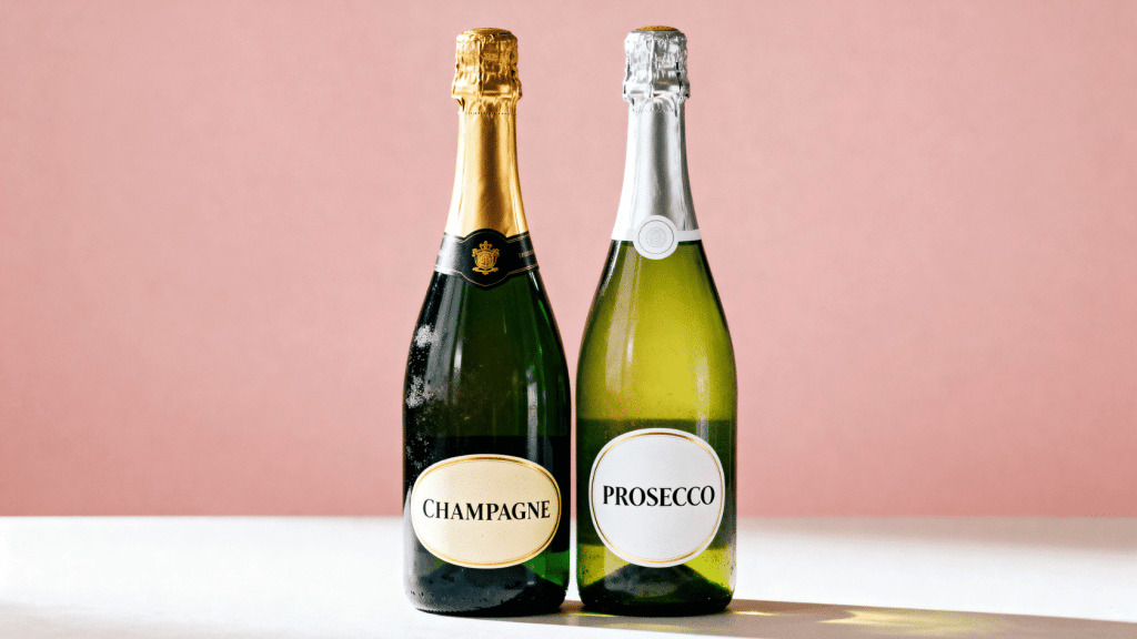 Champagne and Prosecco bottles side by side on a white table against a pink background