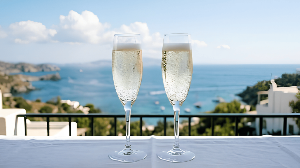 sparkling wine glasses filled with bubbles placed on a table overlooking a coastal landscape.