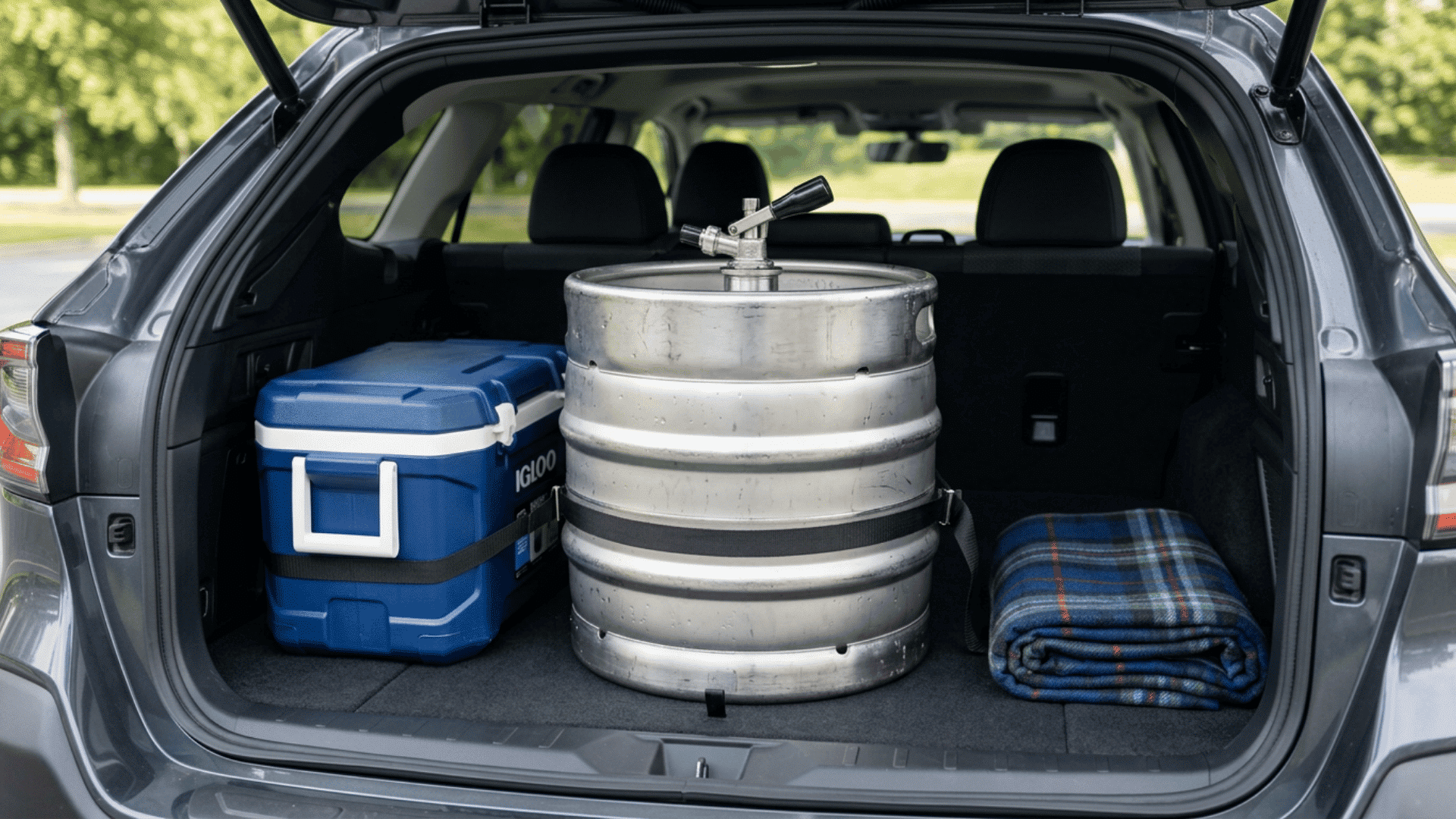 a short stainless steel quarter-barrel keg secured inside an open car trunk beside a cooler and folded blanket