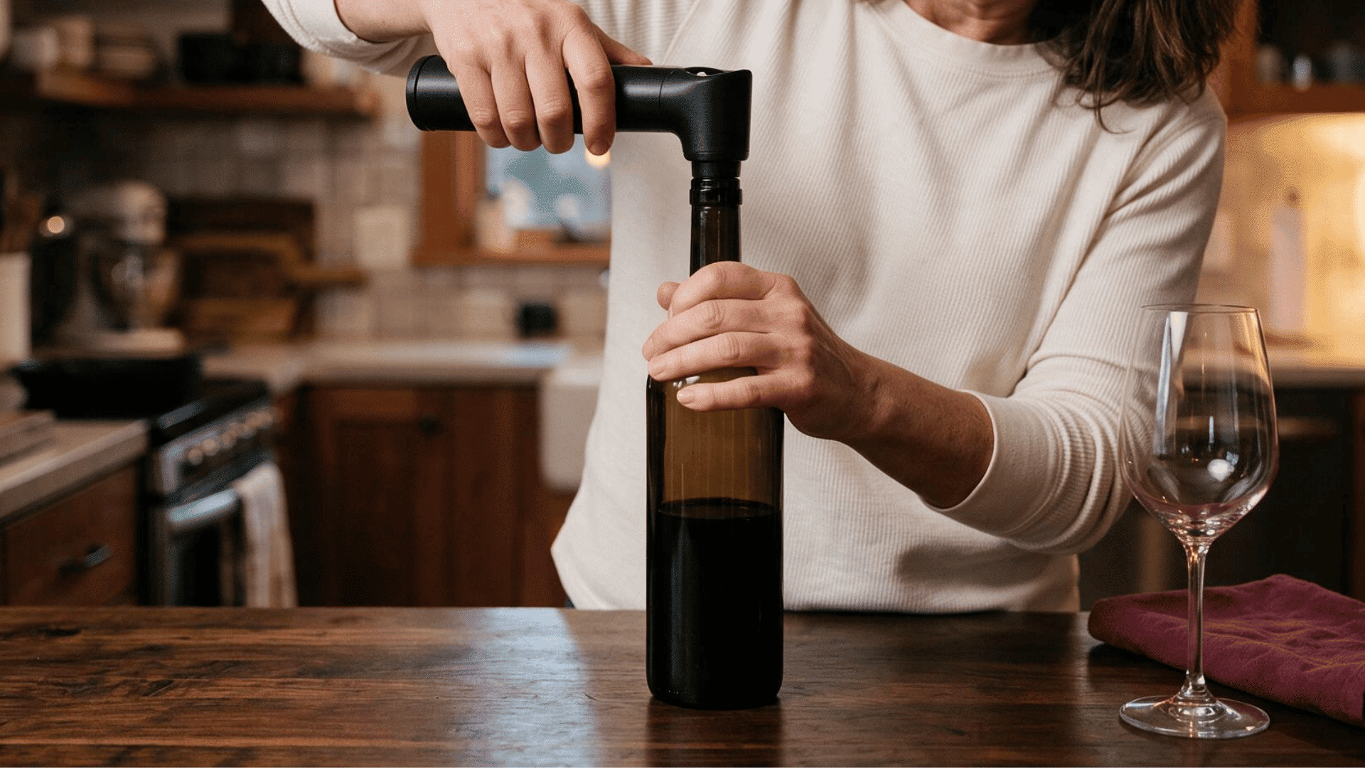 woman using a vacuum pump to remove air from a red wine bottle