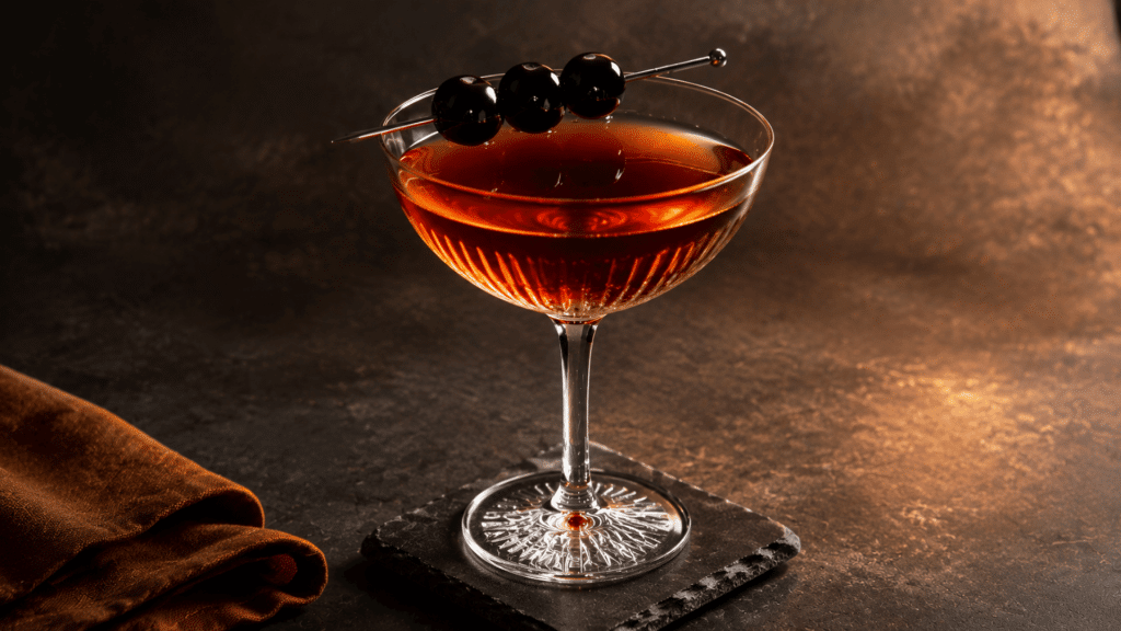 Classic Rob Roy cocktail in a coupe glass with three dark cherries, served on a slate coaster against a warm brown background.