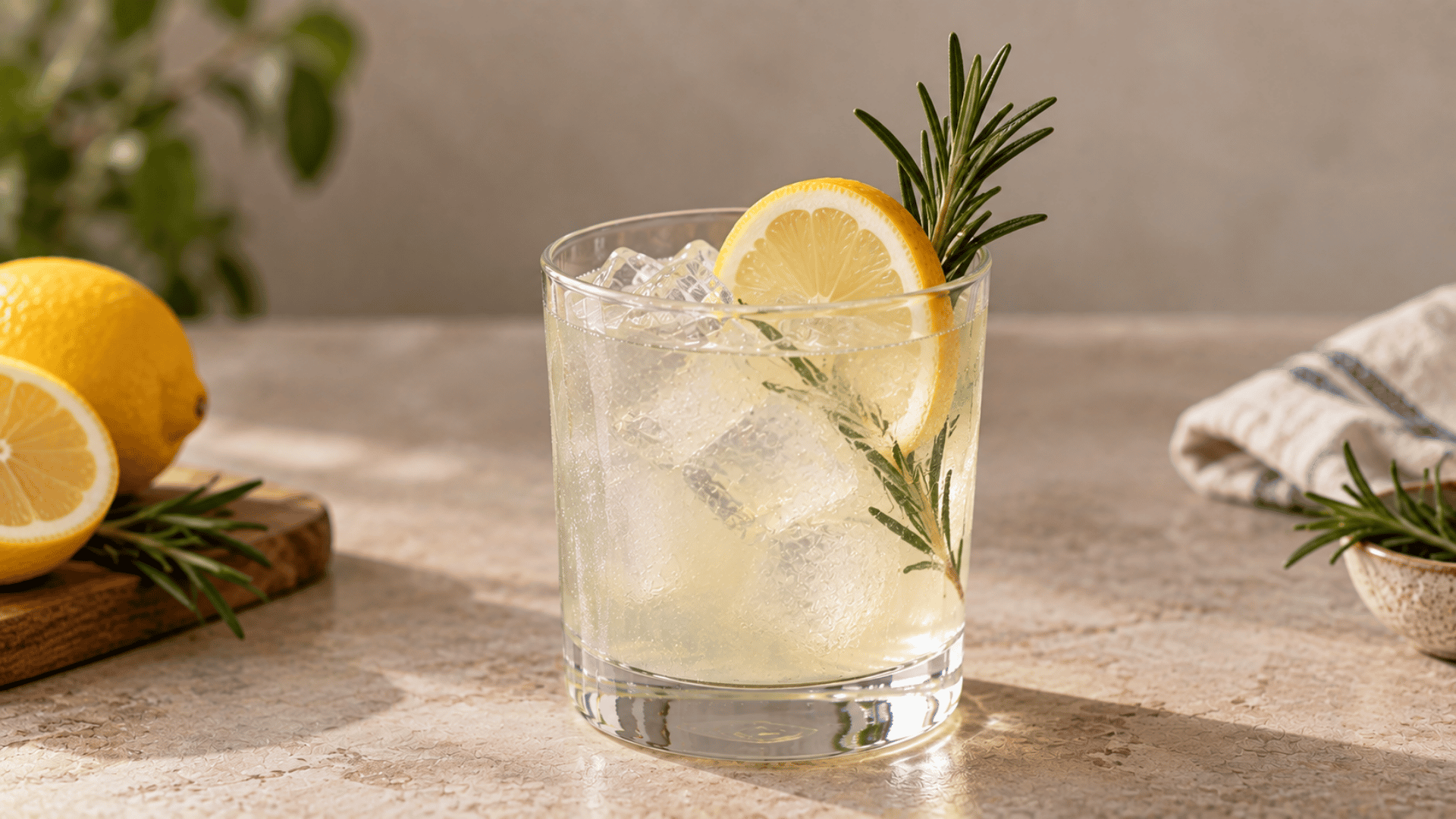 Rosemary lemon gin cocktail over ice with fresh rosemary sprig and lemon wheel garnish
