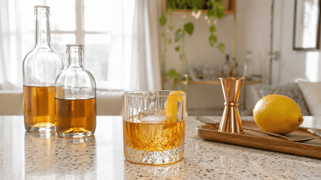 Overhead flat lay of a Rusty Nail cocktail with Scotch, Drambuie, honey, lemons, and bar tools on marble