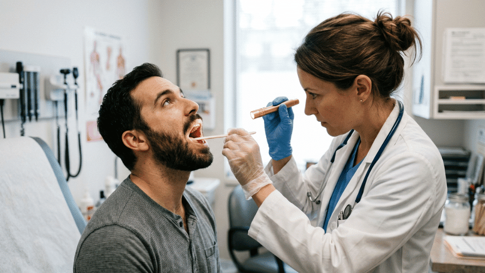 Healthcare professional collecting an oral saliva sample from a man using a mouth swab.