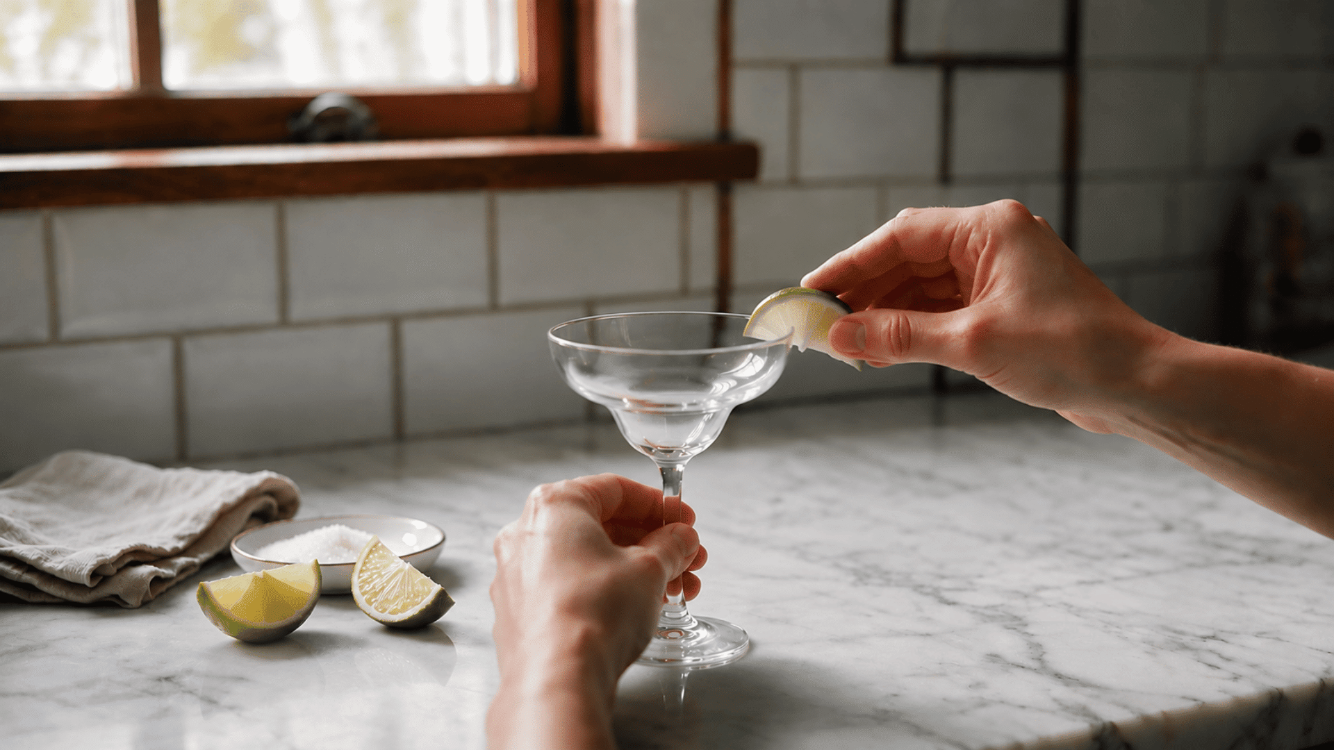 Lime wedge rubbed around the rim of a margarita glass.