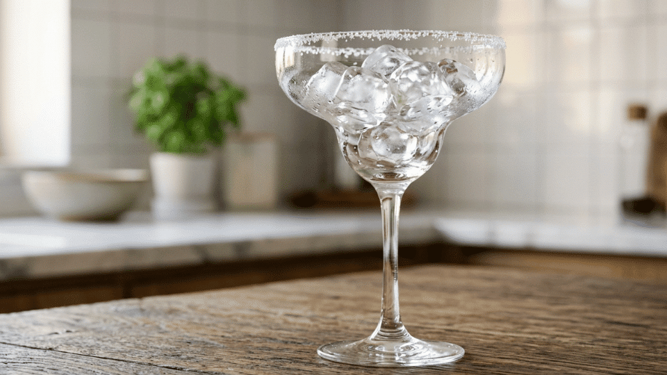 Empty salted rim margarita glass filled with ice cubes ready for making virgin margarita