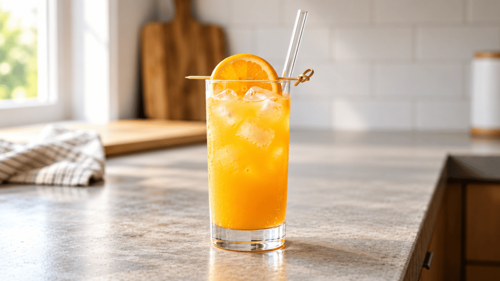 Screwdriver cocktail with ice and orange slice garnish on a bright kitchen counter