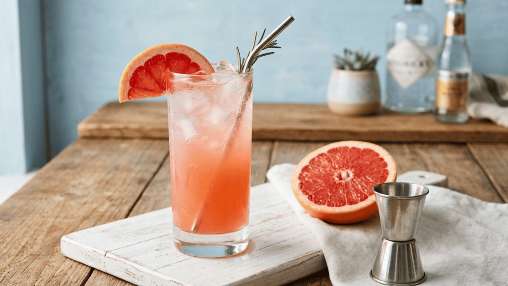 sea breeze cocktail with grapefruit garnish, ice, and jigger on a wooden counter