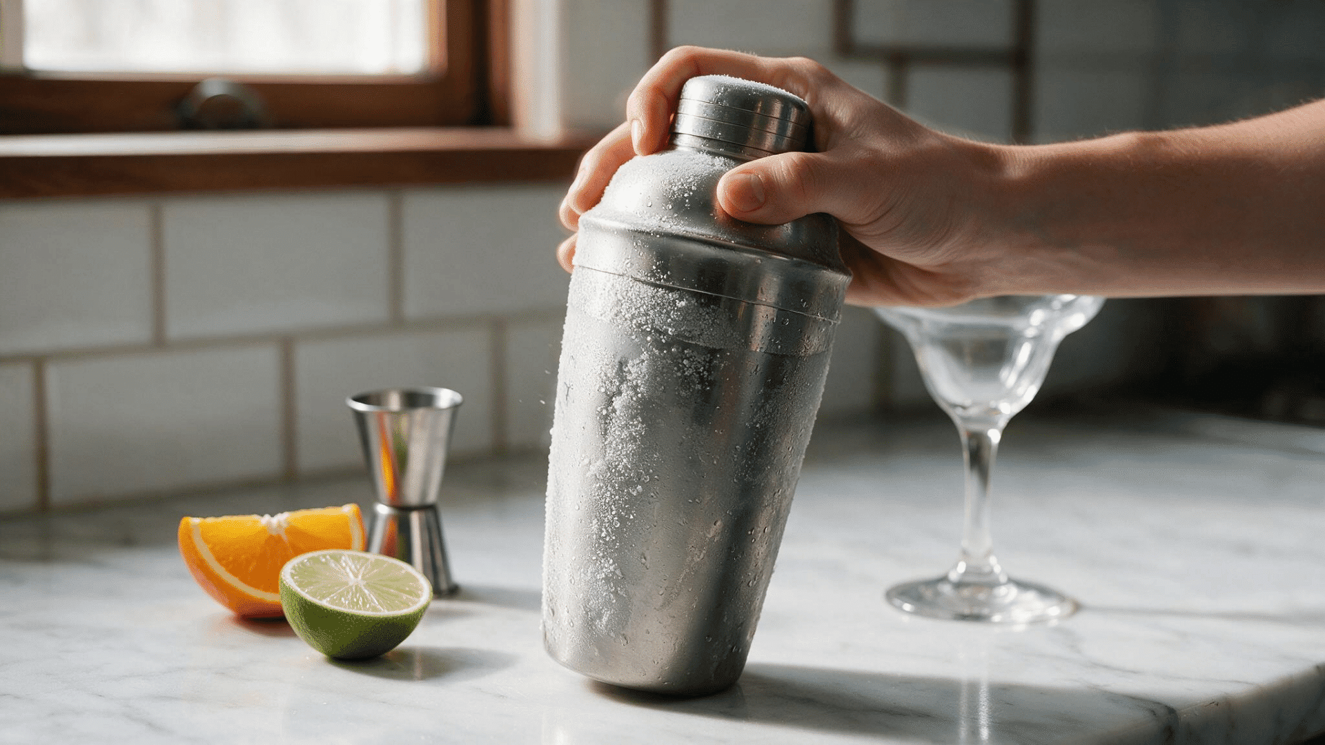 Frosted cocktail shaker held after chilling the margarita.
